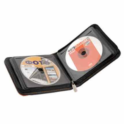 Футляр на 24 компакт-диска кожаный, черный с коричневым